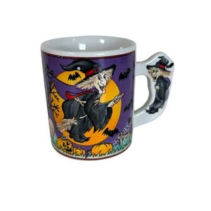 Vintage Halloween Coffee Tea Mug Ceramic Flying Witch Broom Bats Witch Handle.